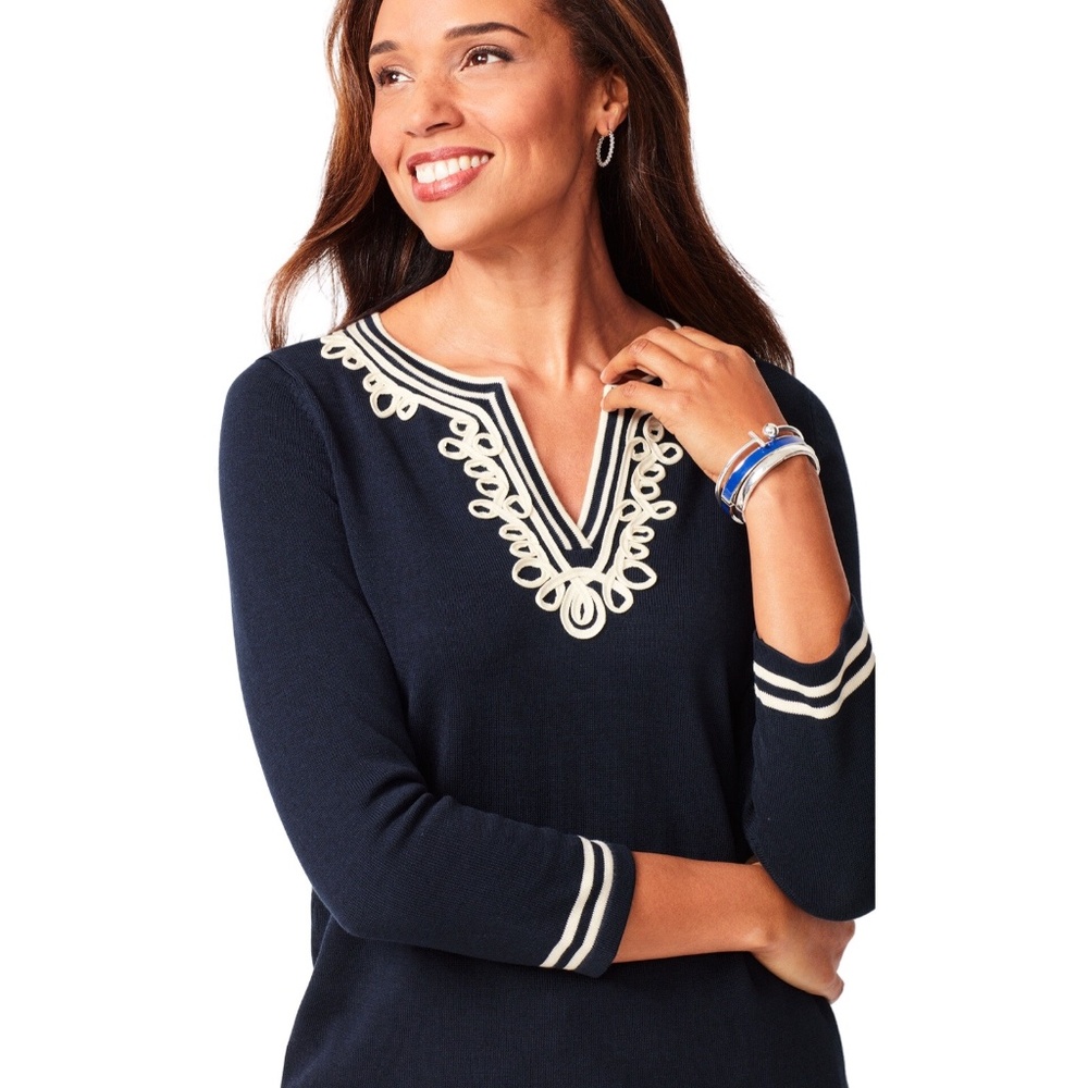 NWT: Talbots Women's Embellished Split-Neck Sweater; Navy Blue; Plus Size 1X